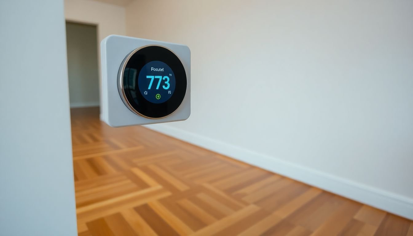 Een nette kamer met een thermostaat toont de noodzaak om de vloerverwarming na de zomer te herstarten.