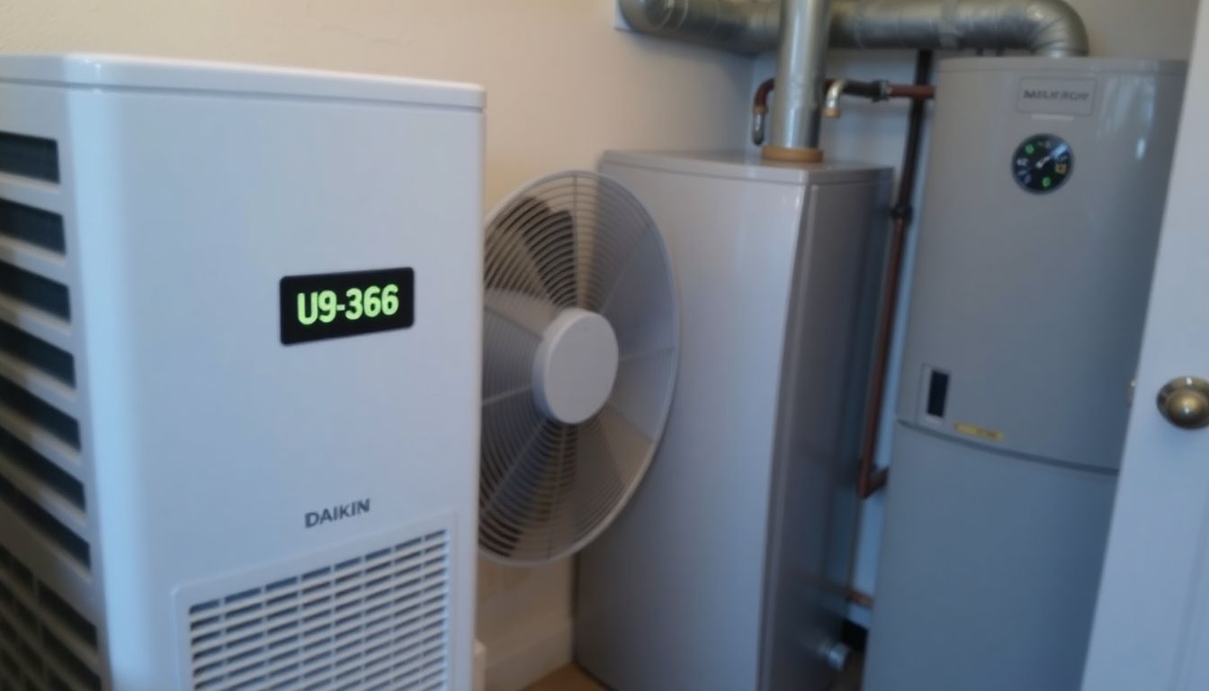 Een blurry Daikin hybride warmtepomp toont foutcode U6-36 naast een kapotte cv-ketel.