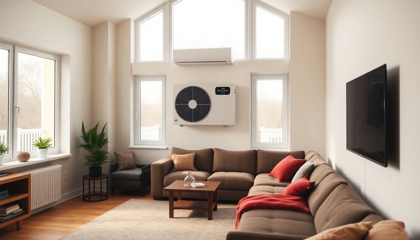 Een hybride warmtepomp geïnstalleerd in een moderne woonkamer met energiebesparende kenmerken.