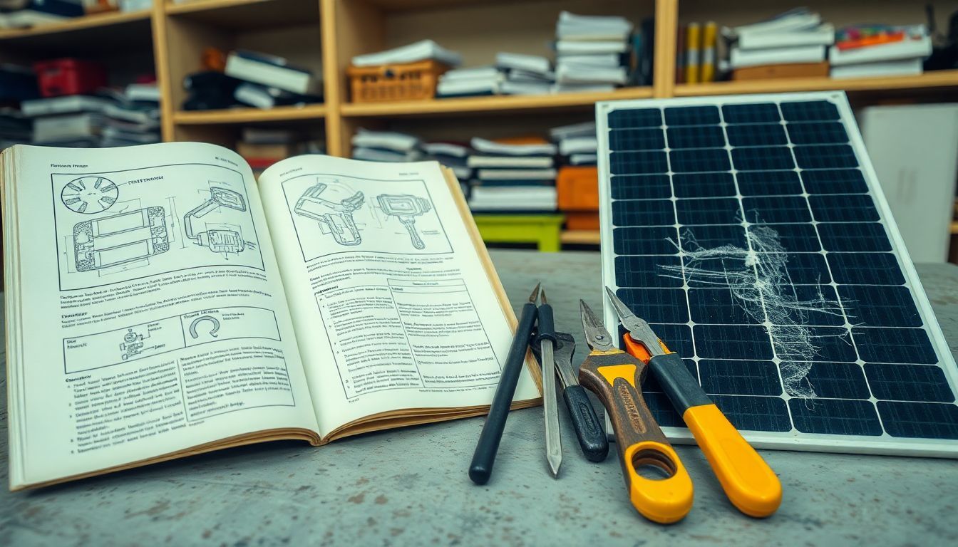 Een boek over reparatietechnieken en gereedschappen naast een kapot zonnepaneel.
