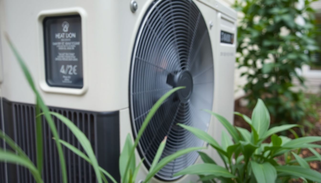 Een werkende warmtepomp in een achtertuin, omringd door groene planten.