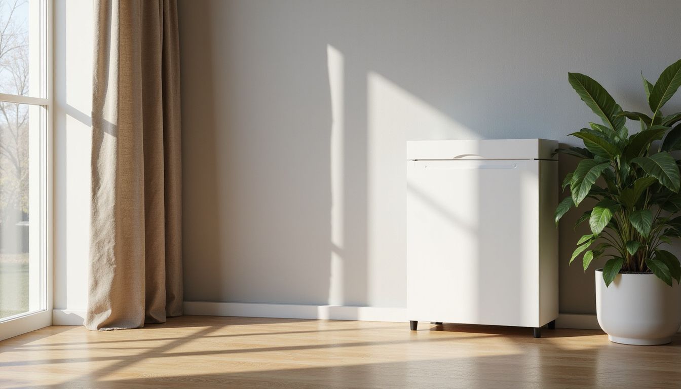 Een strakke witte zonne-energiesysteem batterij in een minimalistische woonkamer. Een strakke witte zonne-energiesysteem batterij in een minimalistische woonkamer.